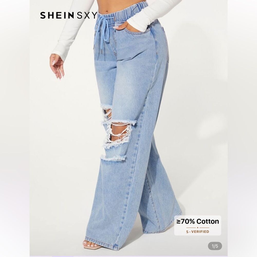 Drawstring Waist Ripped Wide Leg Jeans Large 8/10 - Picture 7 of 7